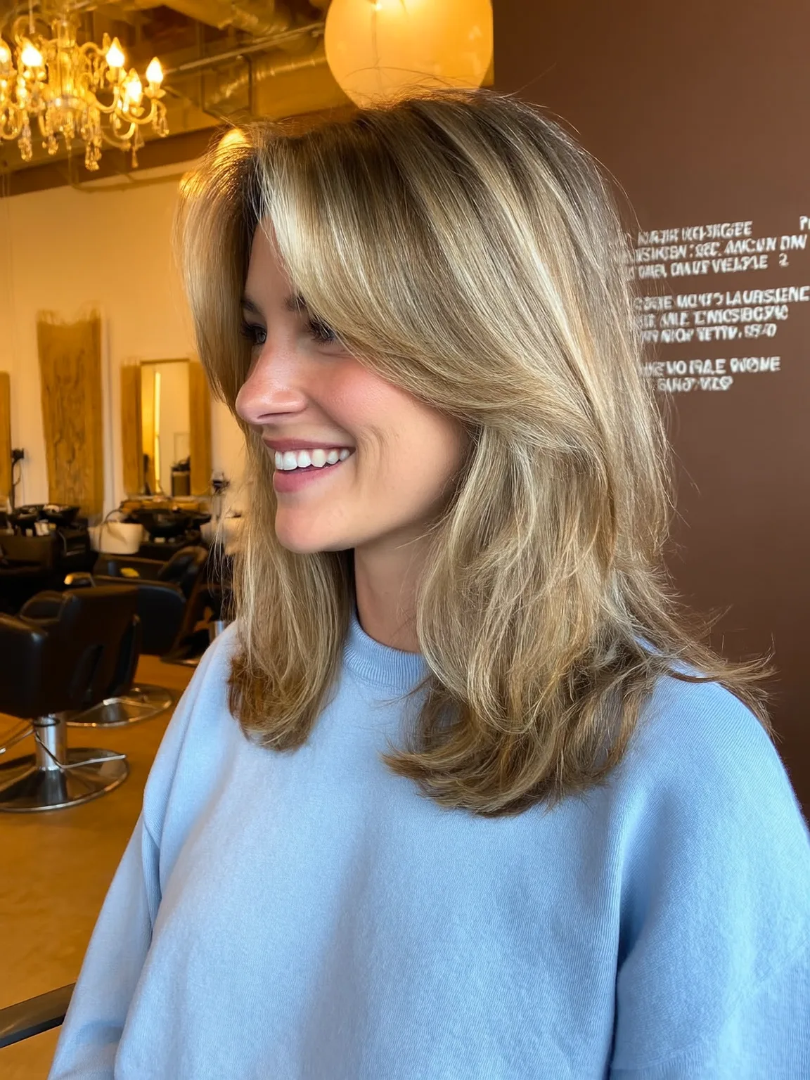 Voluminous Sandy Blonde Long Layers with Curtain Bangs